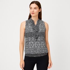 White House Black Market Ruffle Scroll Print Blouse Black White Sz Small